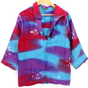 Vintage Thai Silk Tunic Top Womens Multicolor Pullover 3/4 Sleeve V Neck Large L